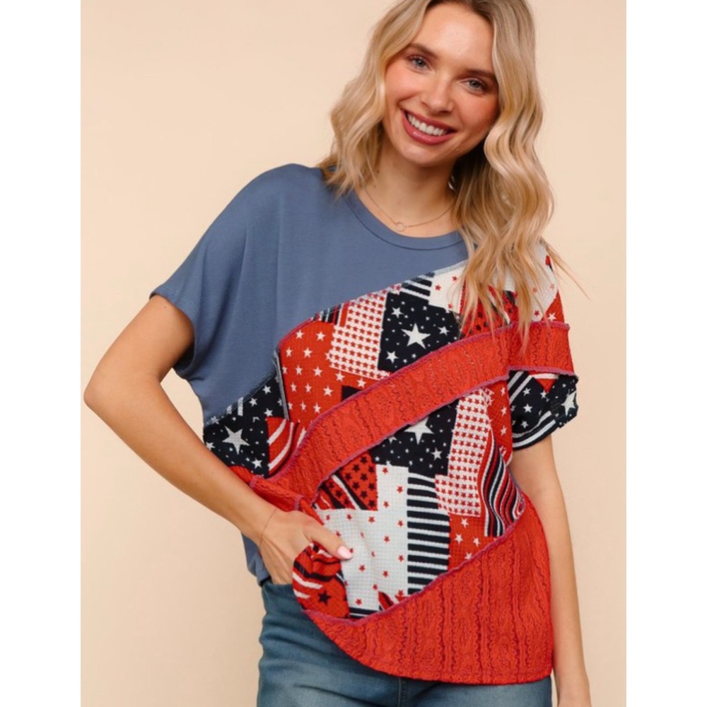 LACE STRIPED AMERICAN STAR PATRIOTIC COLOR BLOCK  DOLMAN FRENCH TERRY KNIT TOP